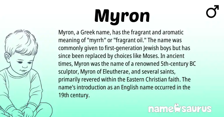 Infographic about Myron name meaning, Myron is a name from Jewish, English, Greek origin(s).