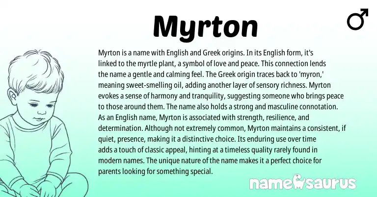 Infographic about Myrton name meaning, Myrton is a name from English, Greek origin(s).