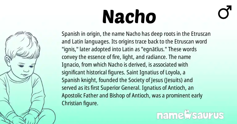 Infographic about Nacho name meaning, Nacho is a name from Etruscan, Spanish, Latin origin(s).