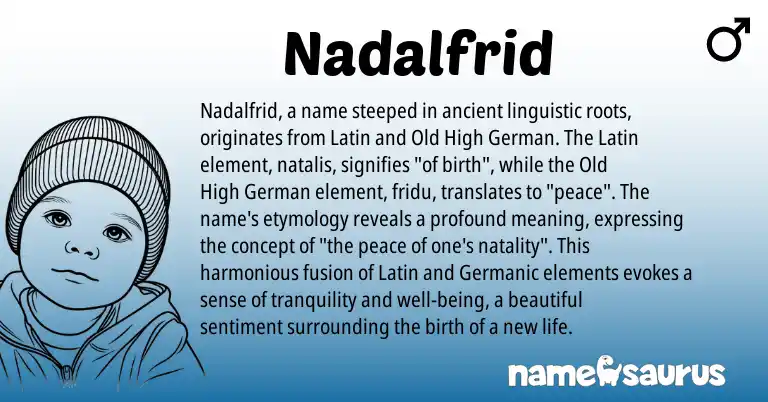 Infographic about Nadalfrid name meaning, Nadalfrid is a name from Old High German, Germanic, Latin origin(s).