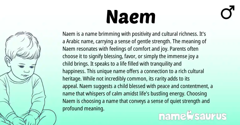 Infographic about Naem name meaning, Naem is a name from Arabic origin(s).