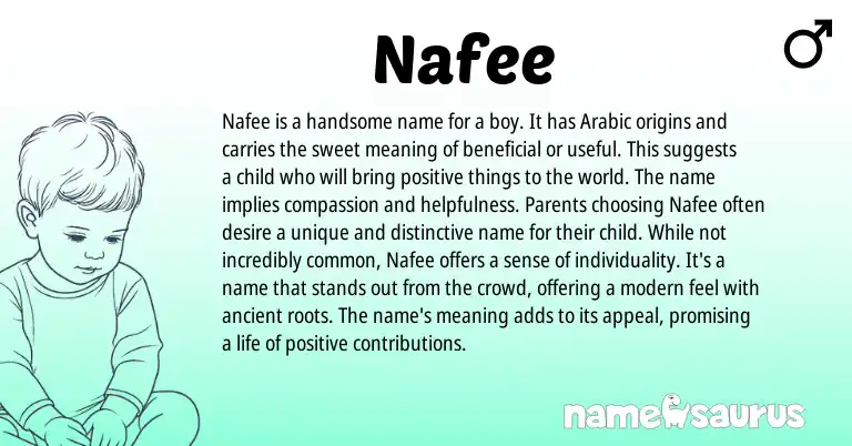 Infographic about Nafee name meaning, Nafee is a name from Arabic origin(s).