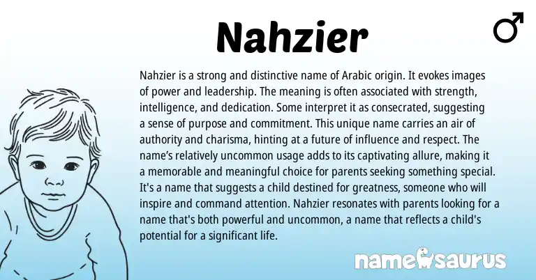 Infographic about Nahzier name meaning, Nahzier is a name from Arabic origin(s).