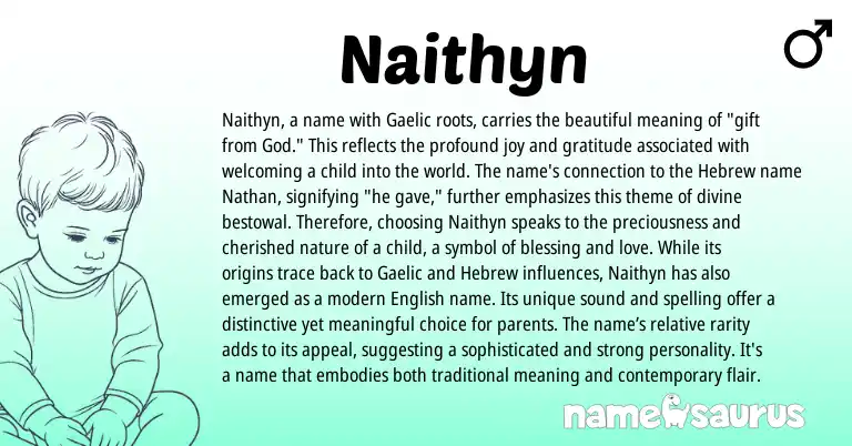Infographic about Naithyn name meaning, Naithyn is a name from Gaelic, Hebrew, Irish origin(s).