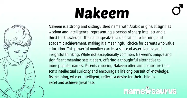 Infographic about Nakeem name meaning, Nakeem is a name from Arabic origin(s).