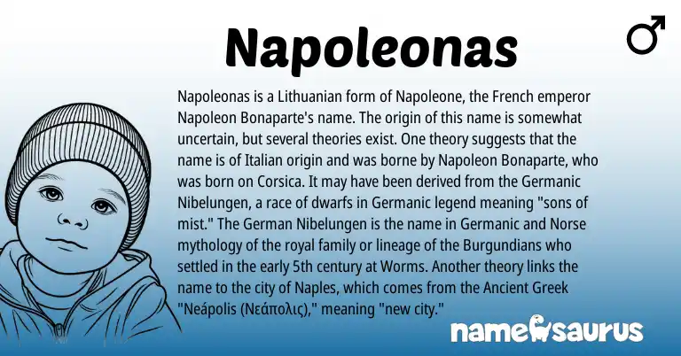 Infographic about Napoleonas name meaning, Napoleonas is a name from Ancient Greek, Lithuanian, French, Germanic, Norse, German, Italian origin(s).