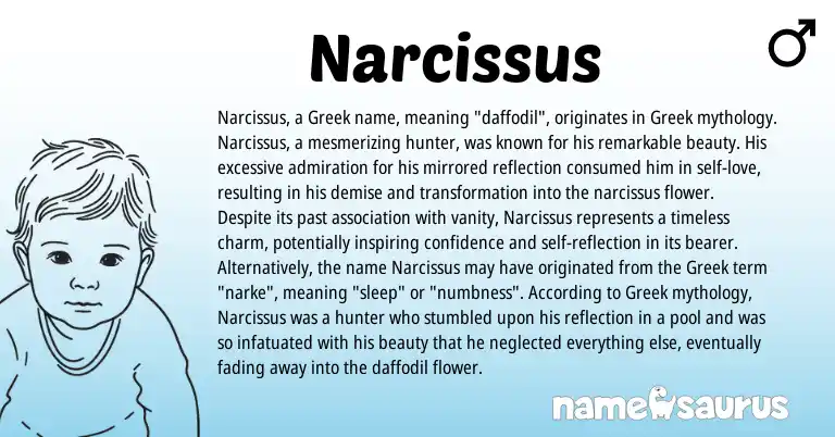 Infographic about Narcissus name meaning, Narcissus is a name from Greek origin(s).