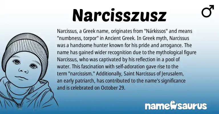Infographic about Narcisszusz name meaning, Narcisszusz is a name from Ancient Greek, Greek origin(s).