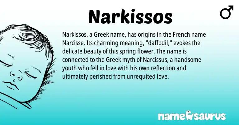 Infographic about Narkissos name meaning, Narkissos is a name from French, Greek origin(s).