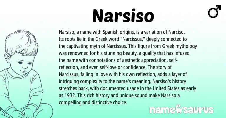 Infographic about Narsiso name meaning, Narsiso is a name from Greek origin(s).