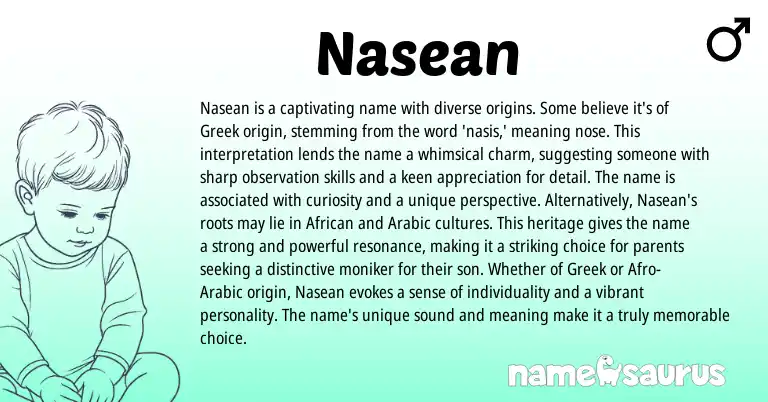 Infographic about Nasean name meaning, Nasean is a name from Greek, American origin(s).