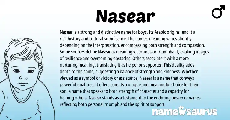 Infographic about Nasear name meaning, Nasear is a name from Arabic origin(s).