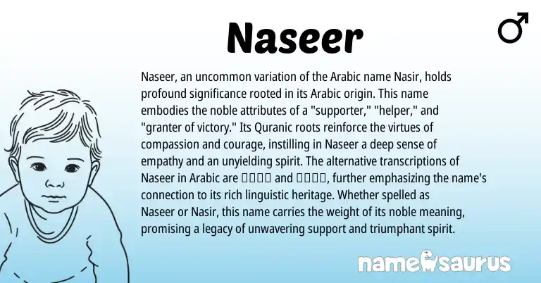 Infographic about Naseer name meaning, Naseer is a name from Arabic, Quranic origin(s).