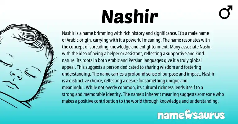 Infographic about Nashir name meaning, Nashir is a name from Indian, Persian, Arabic origin(s).
