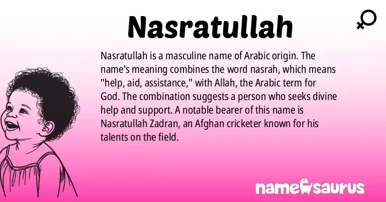 Infographic about Nasratullah name meaning, Nasratullah is a name from Arabic origin(s).