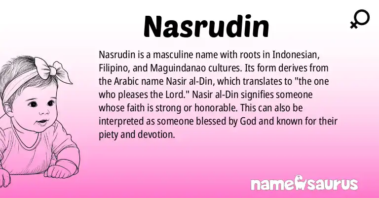Infographic about Nasrudin name meaning, Nasrudin is a name from Indonesian, Filipino, Maguindanao origin(s).