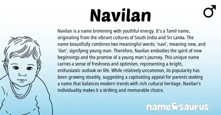 Infographic about Navilan name meaning, Navilan is a name from Tamil origin(s).