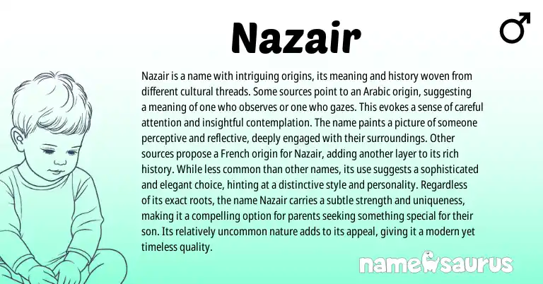 Infographic about Nazair name meaning, Nazair is a name from French, Arabic origin(s).
