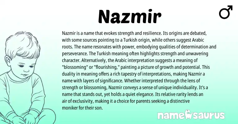 Infographic about Nazmir name meaning, Nazmir is a name from Turkish, Arabic origin(s).