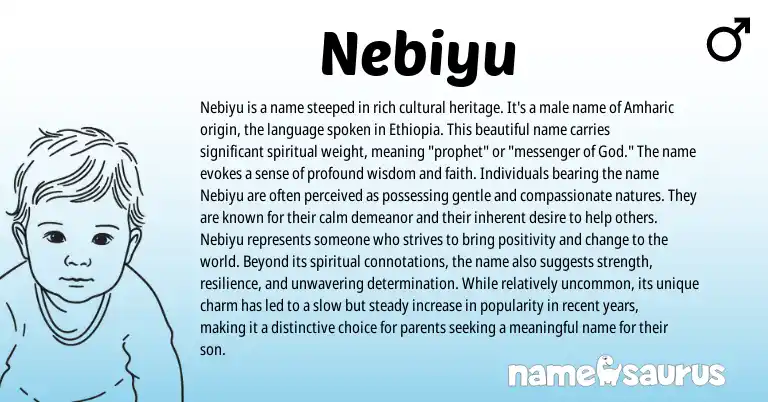 Infographic about Nebiyu name meaning, Nebiyu is a name from Ethiopian, Amharic origin(s).