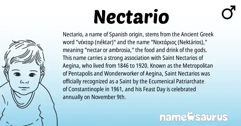 Infographic about Nectario name meaning, Nectario is a name from Spanish, Ancient Greek origin(s).