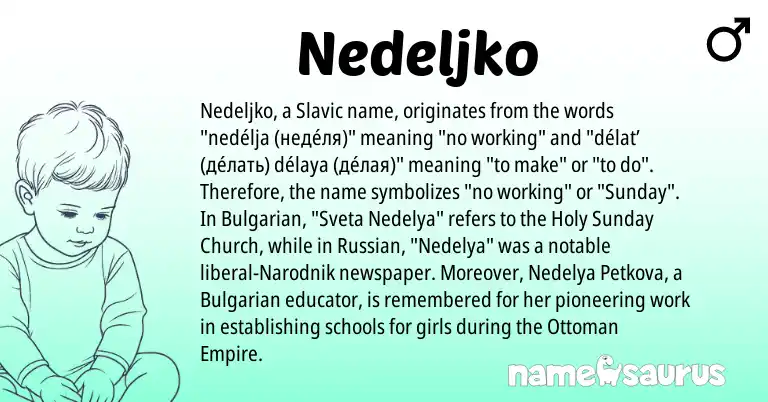Infographic about Nedeljko name meaning, Nedeljko is a name from Russian, Slavic, Bulgarian origin(s).