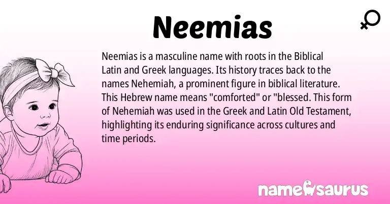 Infographic about Neemias name meaning, Neemias is a name from Biblical Latin, Biblical Greek origin(s).