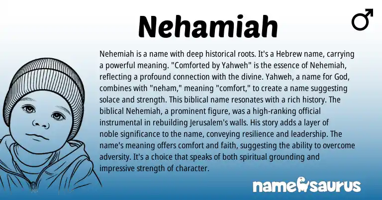 Infographic about Nehamiah name meaning, Nehamiah is a name from Hebrew origin(s).
