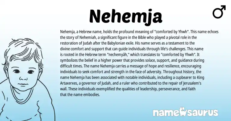 Infographic about Nehemja name meaning, Nehemja is a name from Babylonian, Hebrew origin(s).