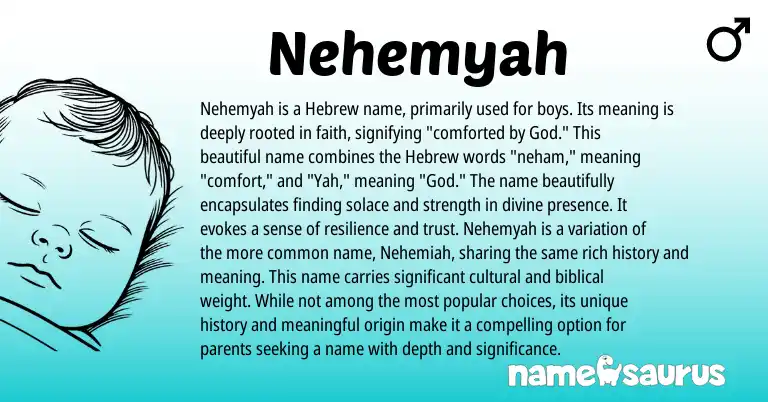 Infographic about Nehemyah name meaning, Nehemyah is a name from Hebrew origin(s).