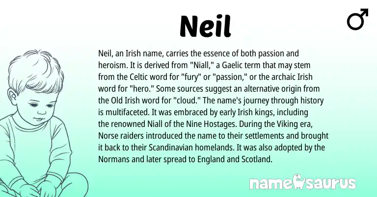 Infographic about Neil name meaning, Neil is a name from Irish, Scandinavian, England, Gaelic, Celtic, Old Irish, Norse origin(s).
