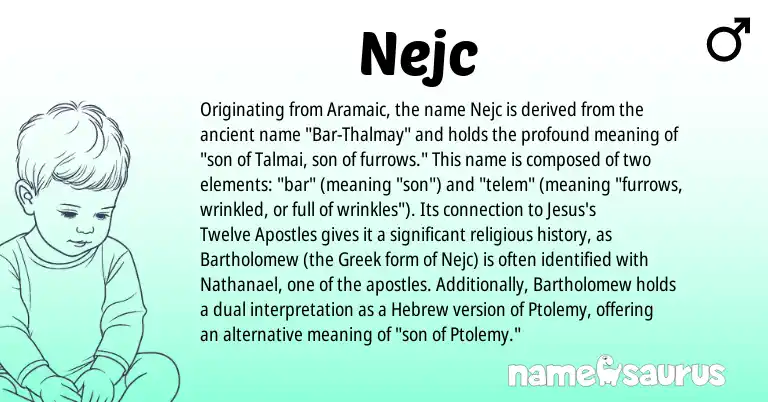 Infographic about Nejc name meaning, Nejc is a name from Aramaic, Hebrew, Greek origin(s).