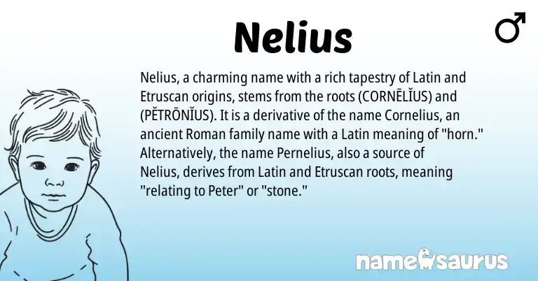Infographic about Nelius name meaning, Nelius is a name from Etruscan, Roman, Latin origin(s).