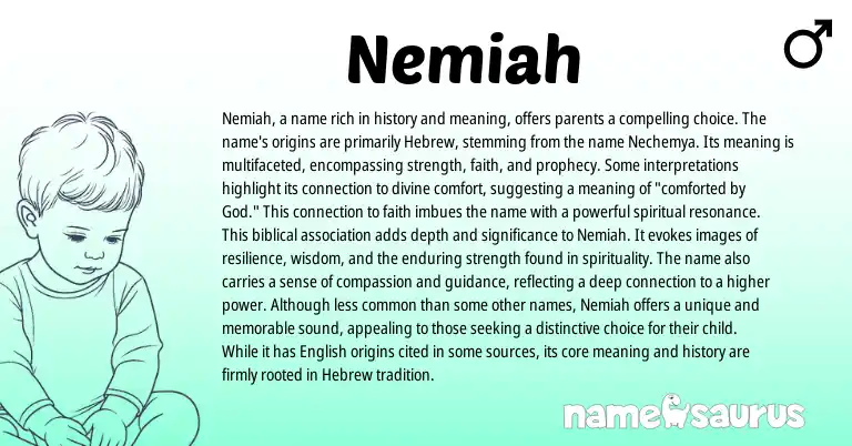Infographic about Nemiah name meaning, Nemiah is a name from Hebrew origin(s).