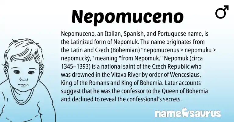 Infographic about Nepomuceno name meaning, Nepomuceno is a name from Spanish, Latin, Italian, Czech, Portuguese origin(s).