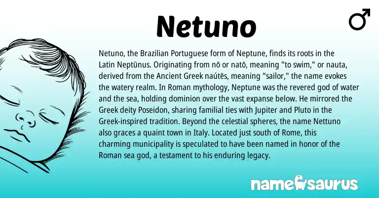 Infographic about Netuno name meaning, Netuno is a name from Ancient Greek, Roman, Latin, Greek, Brazilian, Portuguese origin(s).
