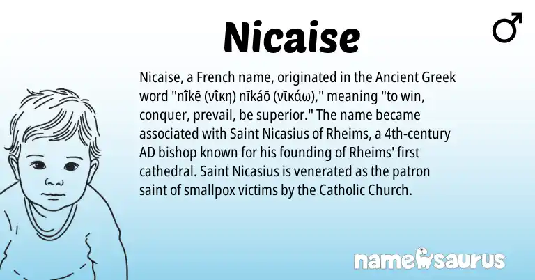 Infographic about Nicaise name meaning, Nicaise is a name from Ancient Greek, French origin(s).