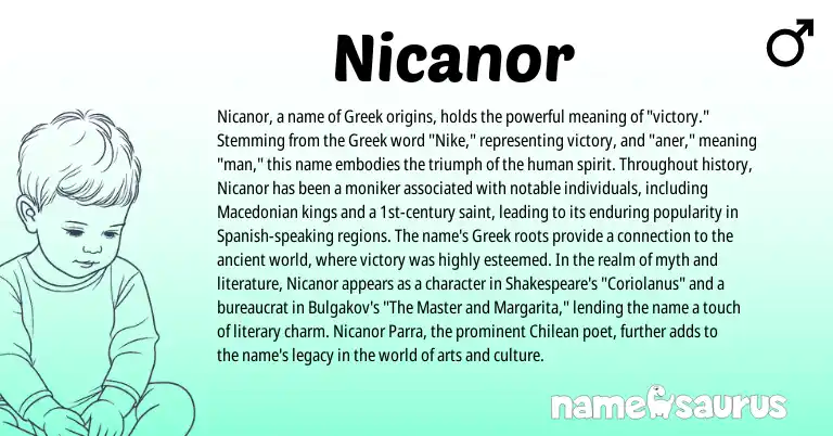 Infographic about Nicanor name meaning, Nicanor is a name from Spanish, Macedonian, Greek origin(s).