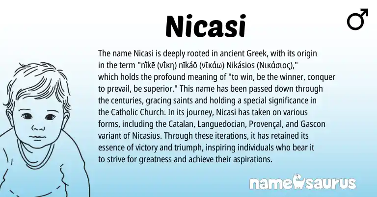 Infographic about Nicasi name meaning, Nicasi is a name from Provençal, Gascon, Catalan, Greek origin(s).