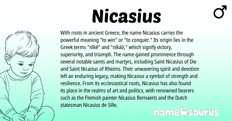 Infographic about Nicasius name meaning, Nicasius is a name from Dutch, Greece, Flemish, Greek origin(s).