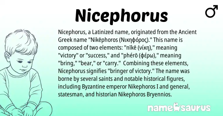 Infographic about Nicephorus name meaning, Nicephorus is a name from Ancient Greek origin(s).