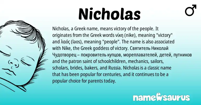 Infographic about Nicholas name meaning, Nicholas is a name from Greek origin(s).