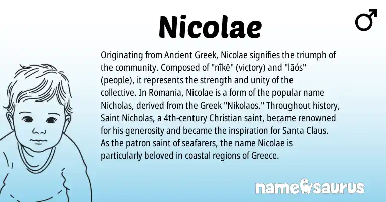 Infographic about Nicolae name meaning, Nicolae is a name from Ancient Greek, Greece, Greek origin(s).