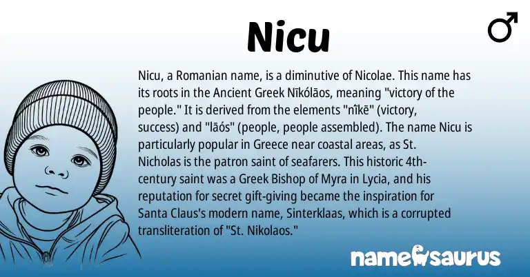 Infographic about Nicu name meaning, Nicu is a name from Romanian, Ancient Greek, Greek, Greece origin(s).