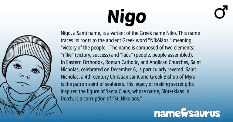 Infographic about Nigo name meaning, Nigo is a name from Dutch, Roman, Sami, Greek origin(s).