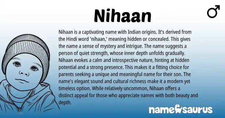 Infographic about Nihaan name meaning, Nihaan is a name from Telugu, Indian, Hindi origin(s).