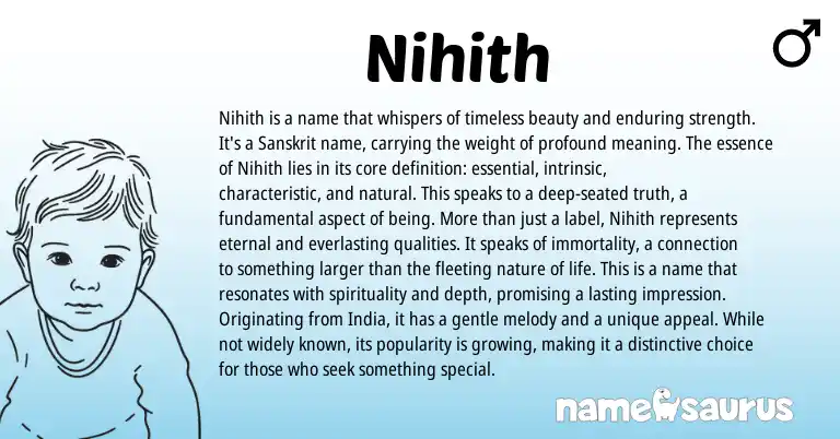 Infographic about Nihith name meaning, Nihith is a name from Bengali, Sanskrit origin(s).