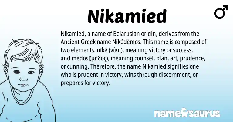 Infographic about Nikamied name meaning, Nikamied is a name from Ancient Greek, Belarusian origin(s).
