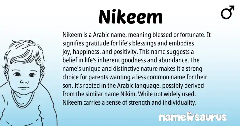 Infographic about Nikeem name meaning, Nikeem is a name from Arabic origin(s).