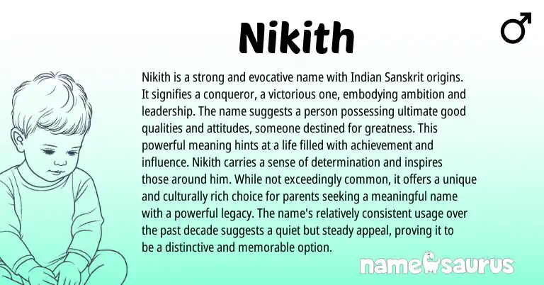 Infographic about Nikith name meaning, Nikith is a name from South Indian, Indian, Sanskrit origin(s).